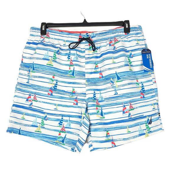Nautica Men's Sailboat Print 7" Swim Trunks Bright White Blue Stripe XXL NWT - Picture 1 of 8